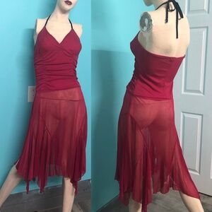 Y2K Wine Red Fairycore Balletcore Tie Halter Ruched Sheer Midi Dress M Ruby Rox